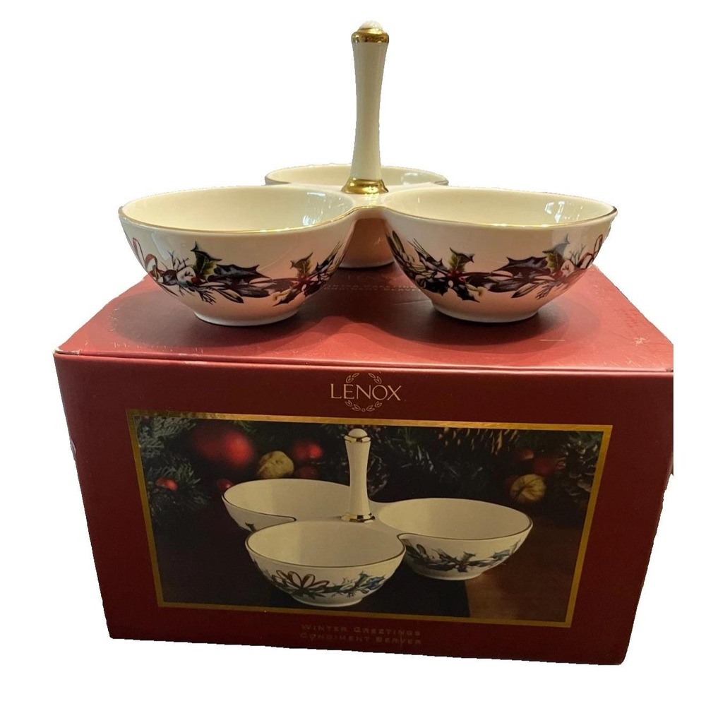 Lenox Winter Greetings 3 Part Condiment Server Handle 24k Gold Trim